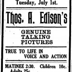 An advertisement for the exhibition of Thomas Edison’s kinetophone at the Smith Opera House, found in a Geneva Advertiser-Gazette from 1913.