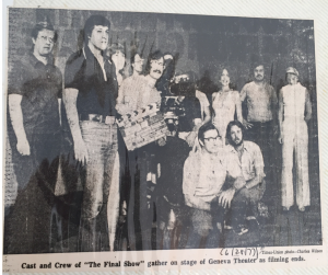 Photograph of cast and crew at the end of shooting The Final Show, a film by Rochester filmmaker Joseph Janowicz. Included in Personal Scrapbook of Steve Hastings. 