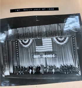 Photograph of July 27, 1942 War Bond Rally held at The Smith in conjunction with a screening of Mrs. Miniver. This photograph appears in Gerald Fowler’s Scrapbook, housed in the Geneva Historical Society Archives.
