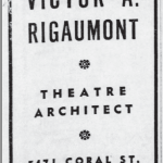 Ad for Victor A. Rigaumont, Theatre Architect, published The Pittsburgh Press, Feb. 21, 1937.