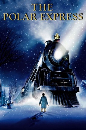 Movie poster for The Polar Express featuring a snowy suburban street at night with a large train resting as a young boy in pajamas looks up at it.