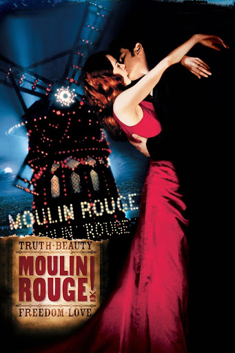 Moulin Rouge film poster featuring Nicole Kidman and Ewan McGregor embraced and kissing