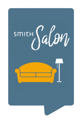 Smith Salon logo features a blue text bubble and yellow couch with a white floor lamp