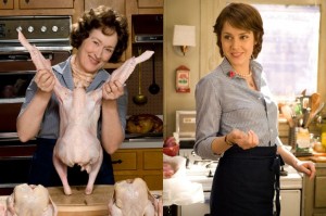 Meryl Streep poses on the left with a raw turkey in her role as chef Julia Childs. On the right Amy Adams poses in a small kitchen as her role of Julie Powell