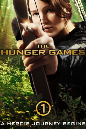 Jennifer Lawrence poses with a bow and arrow as Katniss Everdeen on The Hunger Games film poster
