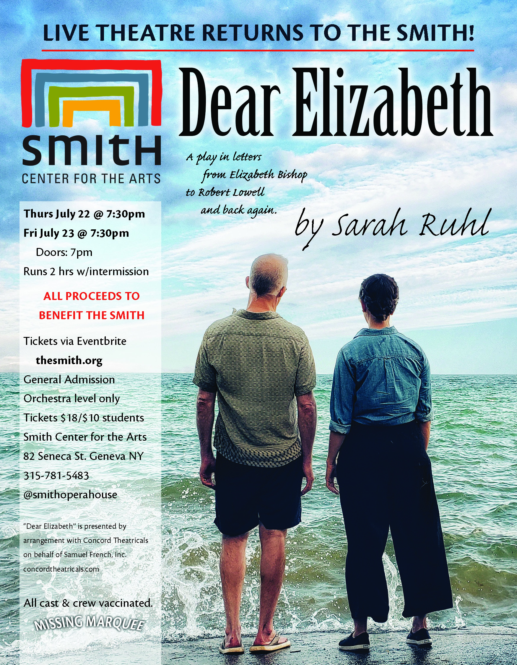 Dear Elizabeth poster features a man and a woman standing on a shoreline looking out into the water